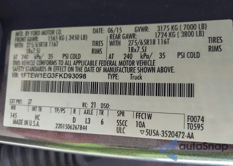 2015 Ford F-150 Lariat z USA, uszkodzony, nr VIN 1FTEW1EG3FKD93098